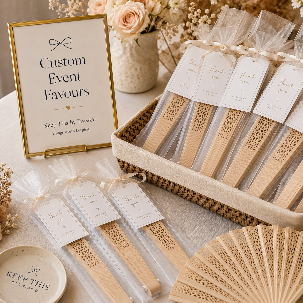 Custom event favours packaged with personalized thank-you tags