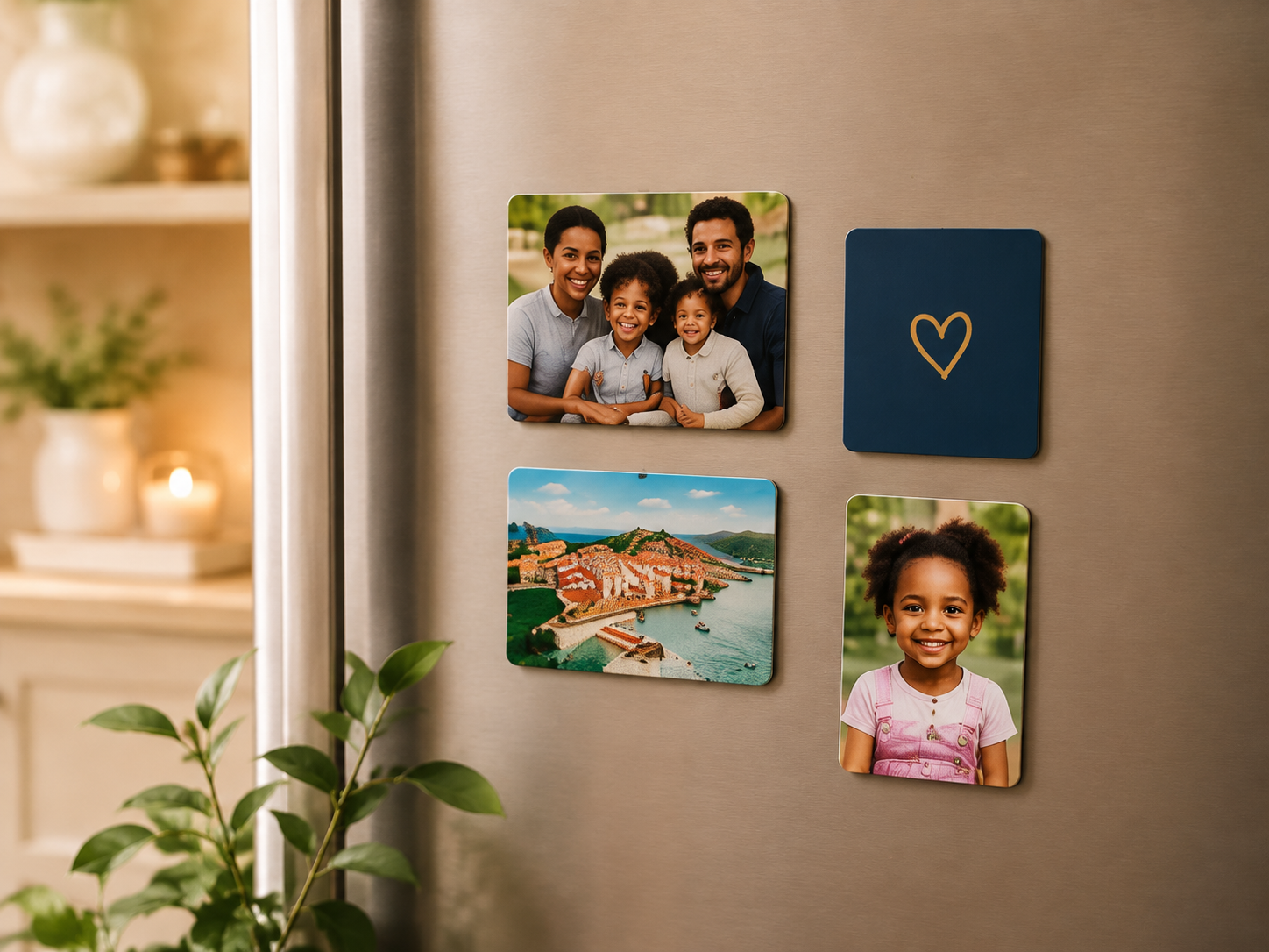 Personalized family and travel photo magnets on a refrigerator